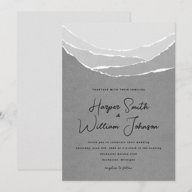 invitación boda de las montañas de papel roto gris (Anverso / Reverso)