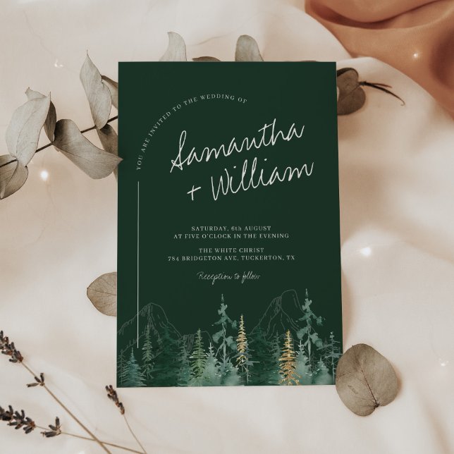 Invitación Boda de las Montañas PINE Emerald Green y Gold (Subido por el creador)