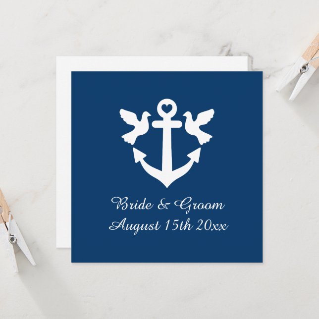 Invitación Boda de las palomas blancas y ancla náutica azul d (Anverso/Reverso In Situ)
