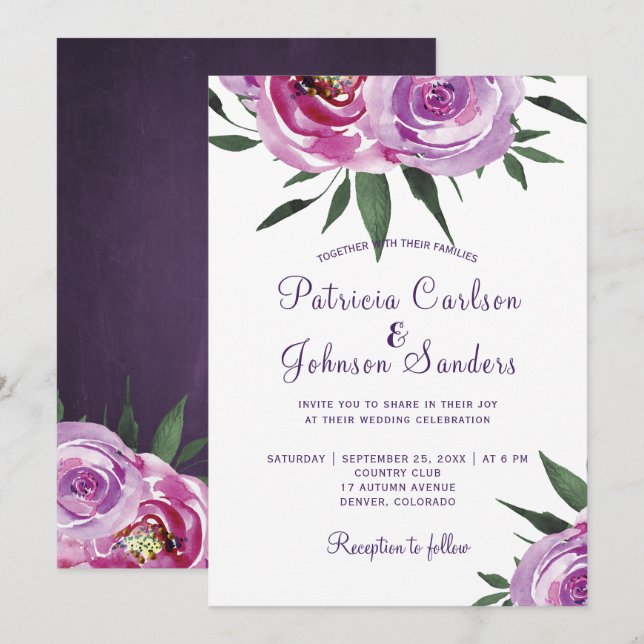 Invitación Boda de las peonías boho rusas de malva violeta (Anverso / Reverso)
