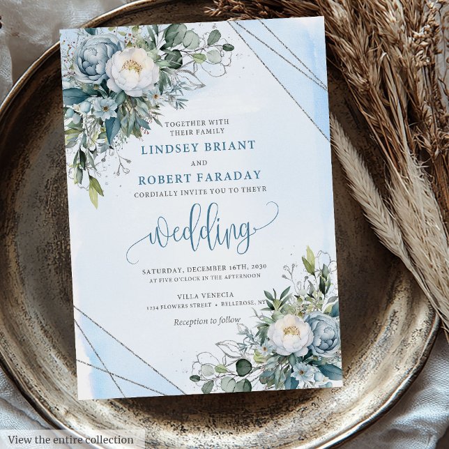 Invitación Boda de las peonías de plata azul polvorientas de  (Rustic boho dusty blue silver peonies wedding invite

)
