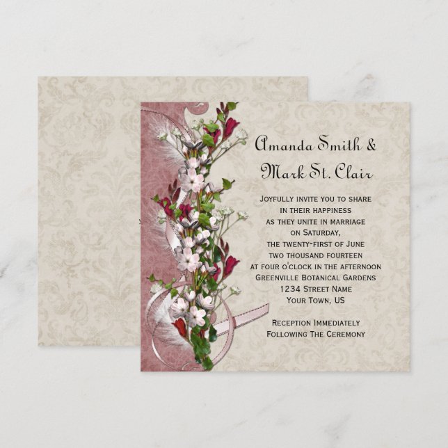 Invitación Boda de las plumas de cinta de las flores blancas  (Anverso / Reverso)