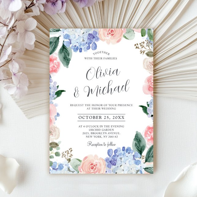 Invitación Boda de las rosas rosa rosa rosa rosa pastel de ho (Dusty blue hydrangeas pastel pink roses wedding invitation)