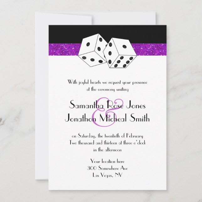 Invitación Boda de Las Vegas Dice Tema Purple Faux Purpurina (Anverso)