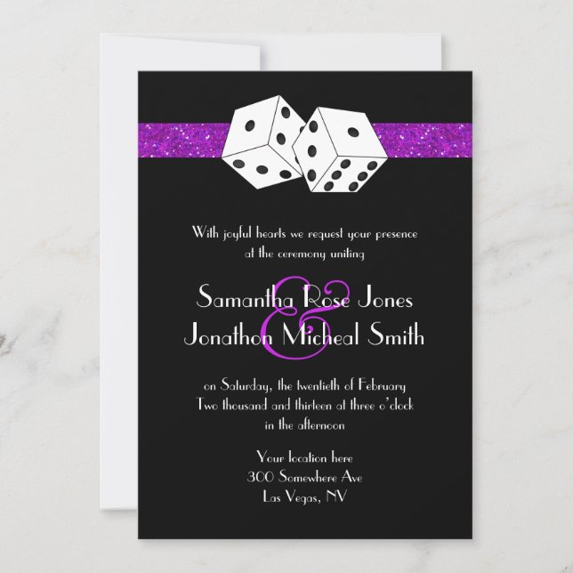Invitación Boda de Las Vegas Dice Tema Purple Faux Purpurina (Anverso)