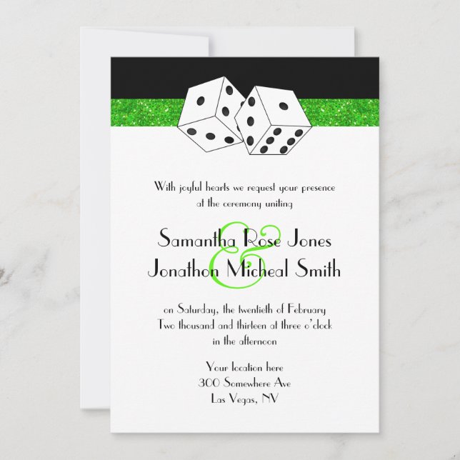 Invitación Boda de Las Vegas Dice Tema Verde Faux Purpurina (Anverso)