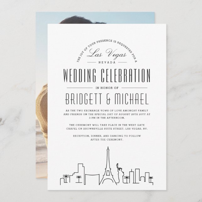 Invitación Boda de Las Vegas | Esquina moderna de Deco (Anverso / Reverso)