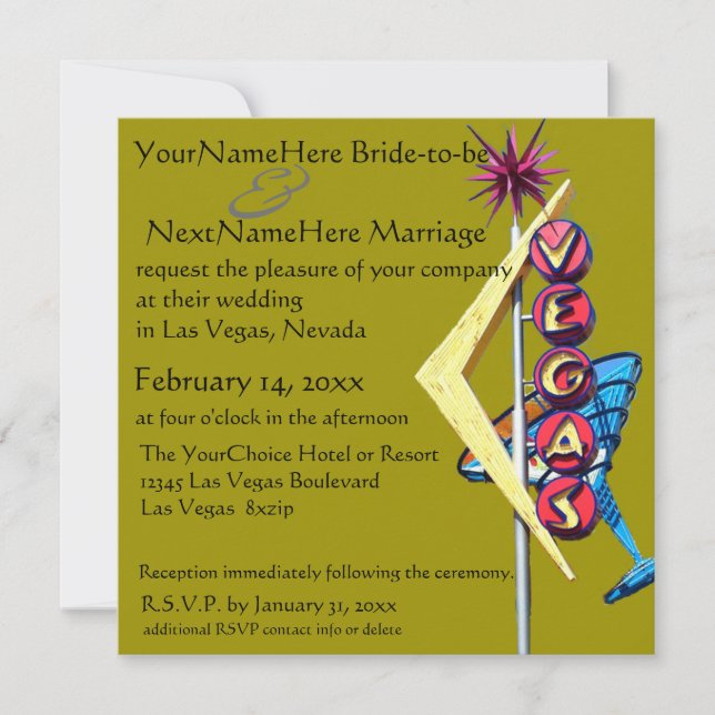 Invitación Boda de Las Vegas y verde oliva de recepción (Anverso)