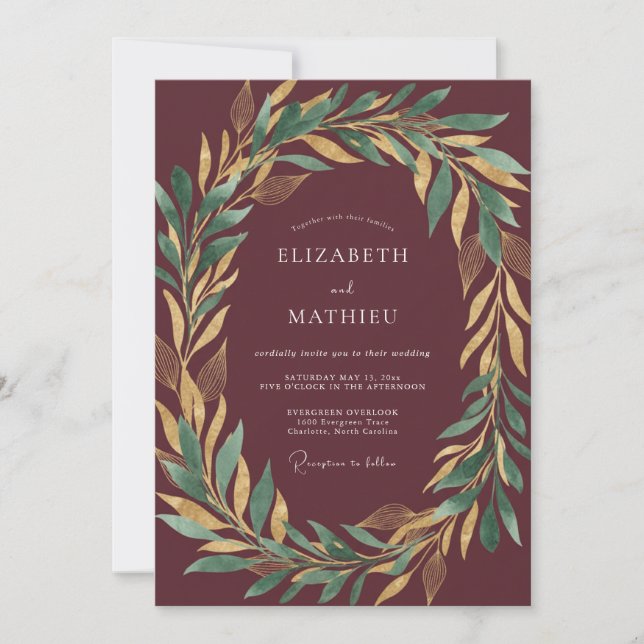 Invitación Boda de laurel eucalipto oro granate (Anverso)