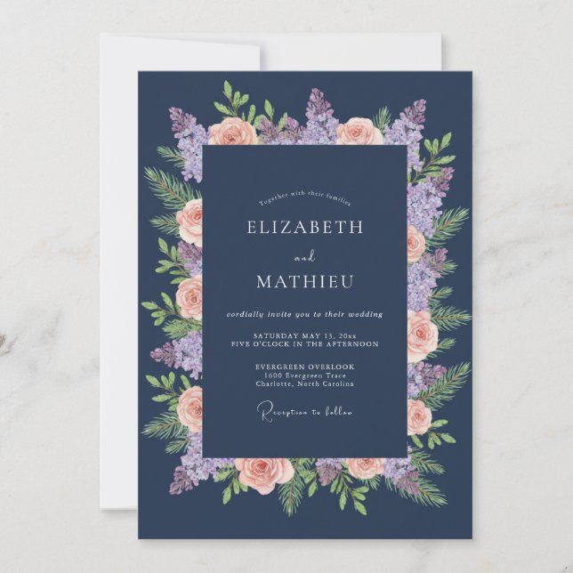 Invitación Boda de laurel flor de Navy (Anverso)