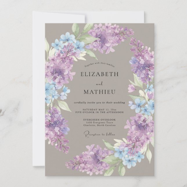 Invitación Boda de Laurel Floral Azul Lila (Anverso)