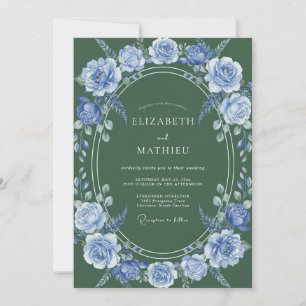 Invitación Boda de Laurel Floral Azul Pizarra