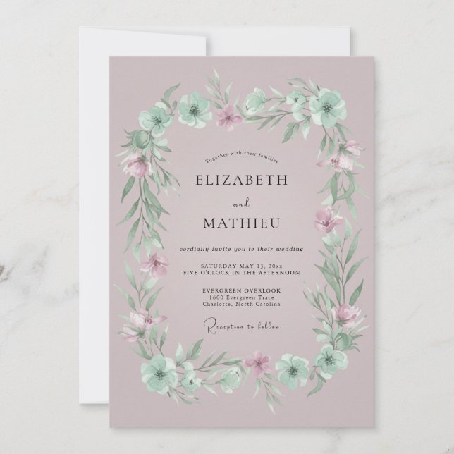 Invitación Boda de Laurel Floral Malva (Anverso)