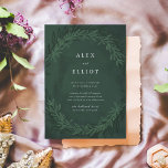 Invitación Boda de Laureles dramáticos de color verde esmeral<br><div class="desc">Magníficos y dramáticos laureles enmarcan esta elegante invitación a la boda con un fondo de lavado de color verde esmeralda.</div>