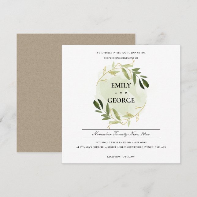 INVITACIÓN BODA DE LAVABO DE AGUA VERDE ORO EN LA FOLIAGE (Anverso / Reverso)
