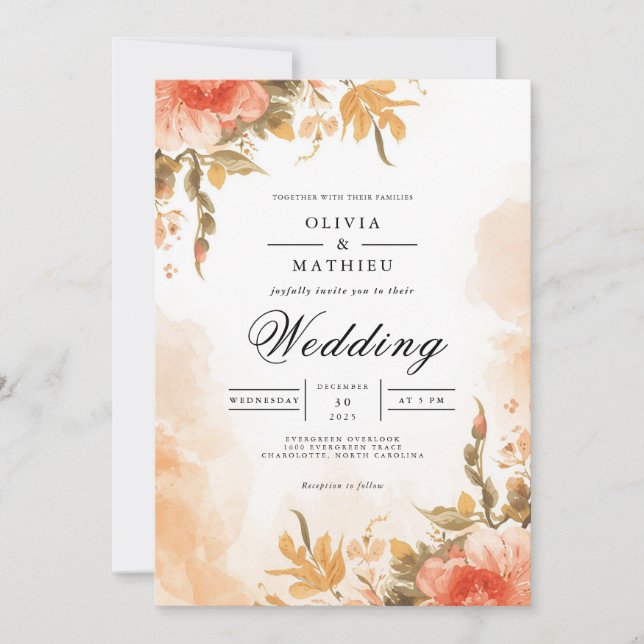 Invitación Boda de lavado botánico de coral suave (Anverso)