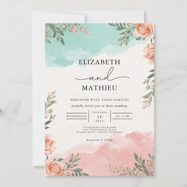 Invitación Boda de lavado coral Verde azulado (Anverso)