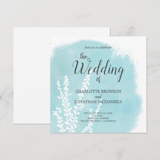 Invitación Boda de lavado de acuarela azul acuático (Anverso / Reverso)