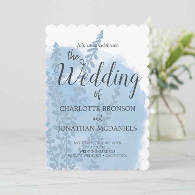 Invitación Boda de lavado de acuarela azul celestial (Anverso de pie)