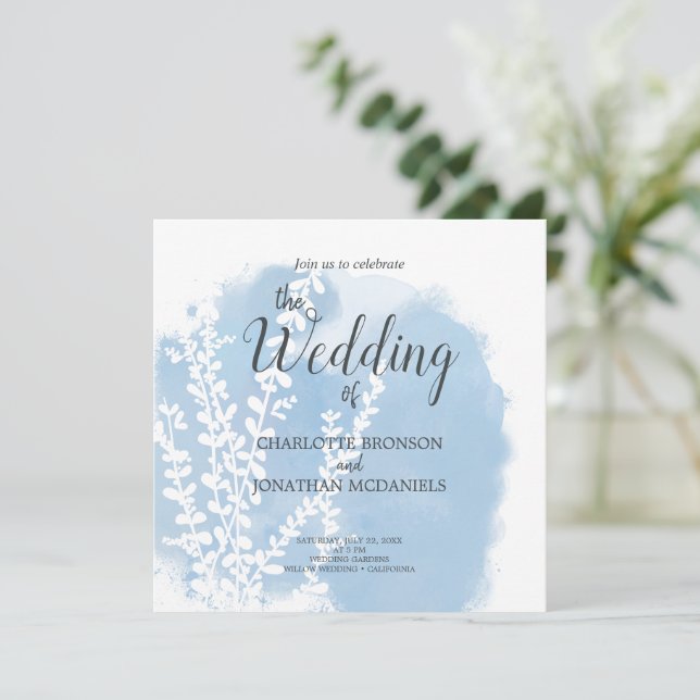 Invitación Boda de lavado de acuarela azul celestial (Anverso de pie)