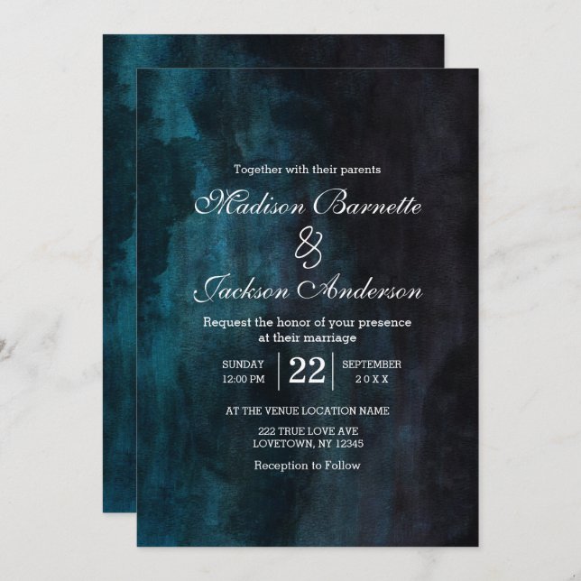 Invitación Boda de lavado de acuarela azul y Verde azulado de (Anverso / Reverso)