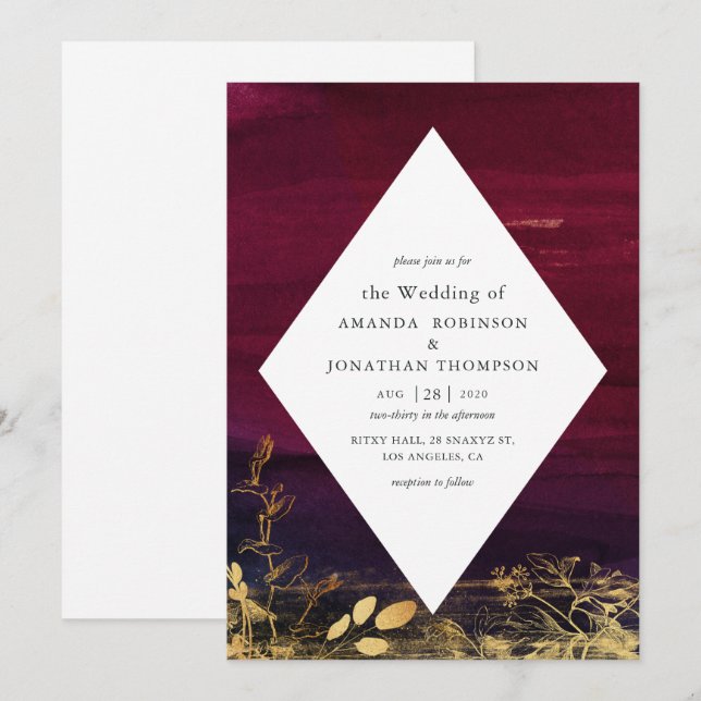 Invitación Boda de lavado de acuarela de borgoña y oro (Anverso / Reverso)