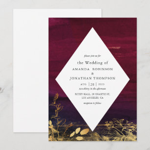 Invitación Boda de lavado de acuarela de borgoña y oro