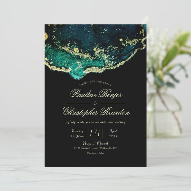 Invitación Boda de lavado de tinta de oro negro de esmeralda  (Anverso de pie)