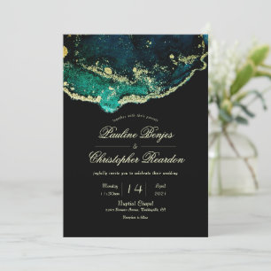Invitación Boda de lavado de tinta de oro negro de esmeralda