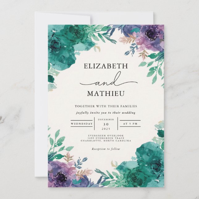Invitación Boda de lavado floral Verde azulado profundo (Anverso)