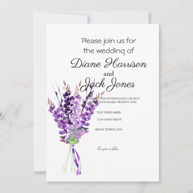 Invitación Boda de lavanda color morado (Anverso)