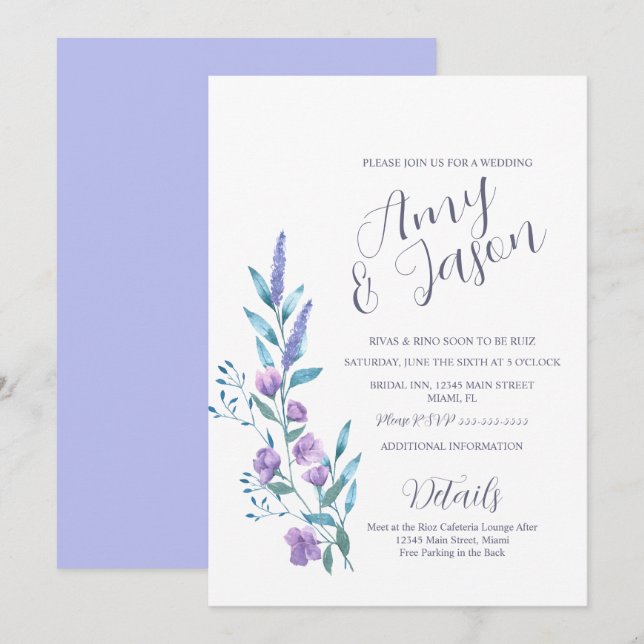 Invitación Boda de lavanda con manchas de flores silvestres d (Anverso / Reverso)