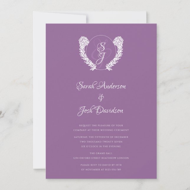 Invitación Boda de lavanda con monograma con clase floral (Anverso)