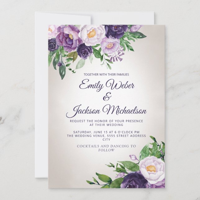 Invitación Boda de lavanda con vegetación y morado ciruela  (Anverso)