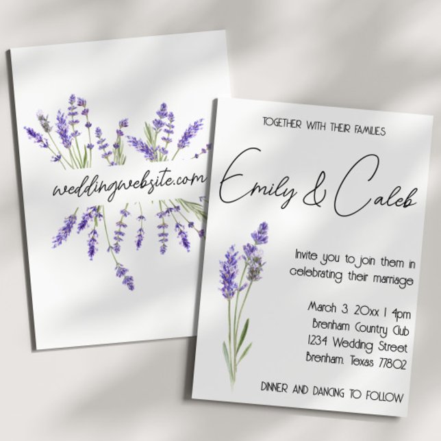 Invitación Boda de lavanda de acuarela rústica simple (rustic country wedding invitation with watercolor lavender graphic and script writing. )