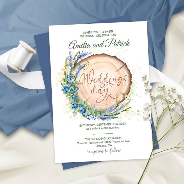 Invitación Boda de Lavanda de arándano de grano de madera Cir (Subido por el creador)