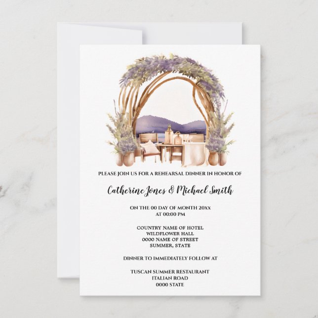 Invitación Boda de lavanda de campo arco elegante comedor tos (Anverso)