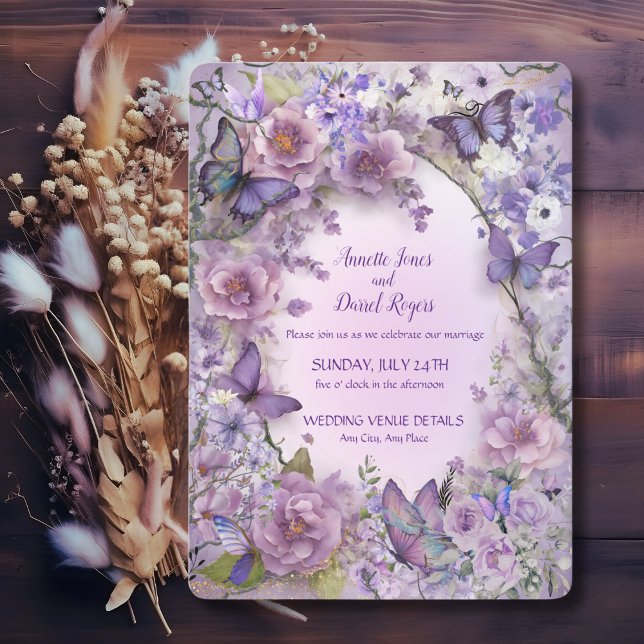 Invitación Boda de lavanda de mariposa botánica vintage (Subido por el creador)
