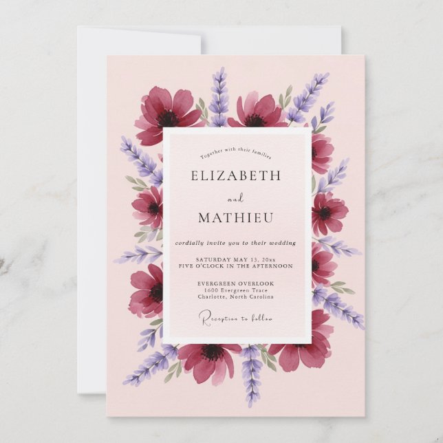 Invitación Boda de Lavanda Delicia Magenta (Anverso)