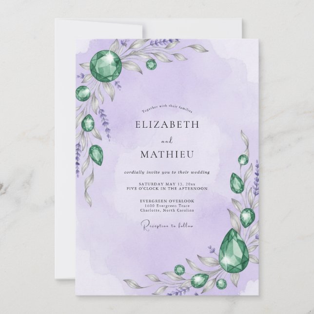 Invitación Boda de lavanda esmeralda joya eucalipto (Anverso)