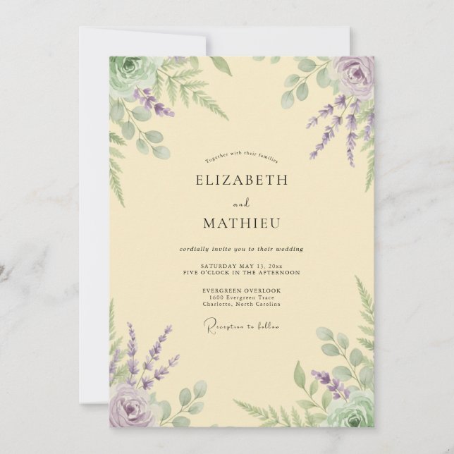 Invitación Boda de lavanda eucalipto amarillo pálido (Anverso)