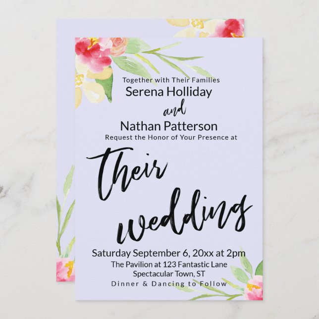 Invitación Boda de Lavanda Floral Pintada con escritura a man (Anverso / Reverso)