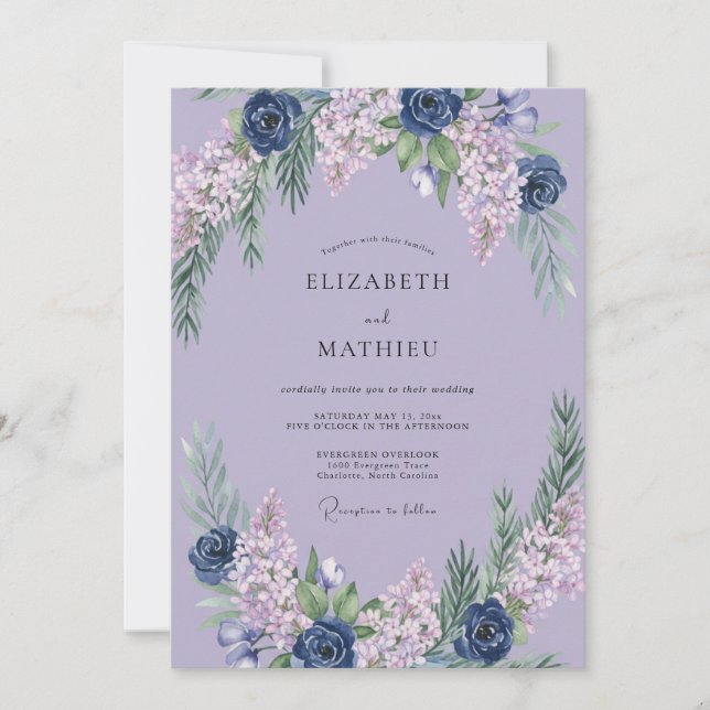 Invitación Boda de lavanda índigo Hortensia Eucalipto (Anverso)