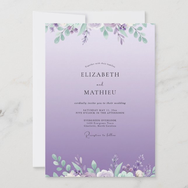 Invitación Boda de lavanda lila con follaje de eucalipto (Anverso)
