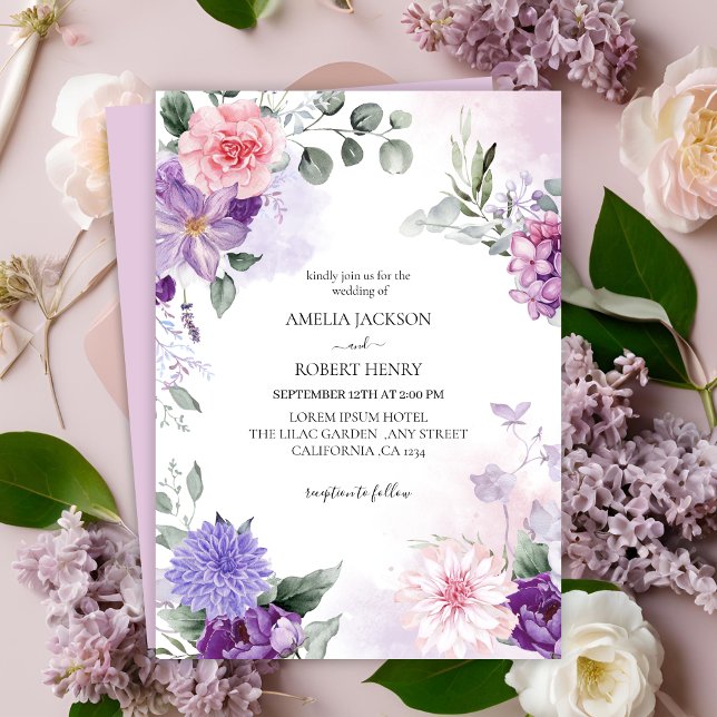 Invitación Boda de lavanda lilac floral acuosa (Subido por el creador)