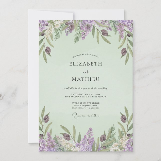 Invitación Boda de lavanda, menta y glicina (Anverso)