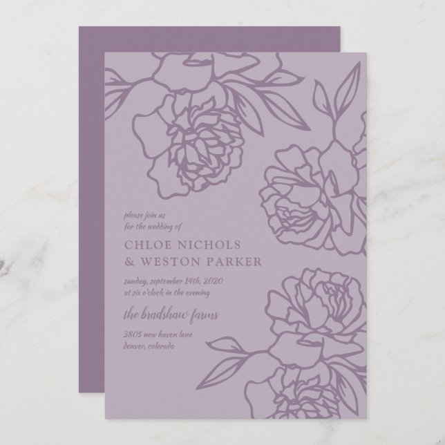Invitación Boda de Lavanda Moderna Peonies (Anverso / Reverso)