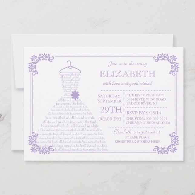 Invitación Boda de Lavanda Moderna Vestido Ducha Bridal (Anverso)