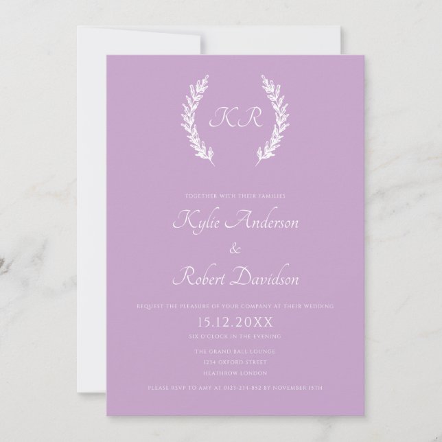 Invitación Boda de lavanda monograma elegante con flores mini (Anverso)