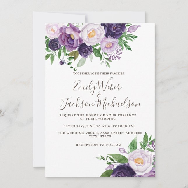 Invitación Boda de lavanda morada ciruela con vegetación (Anverso)